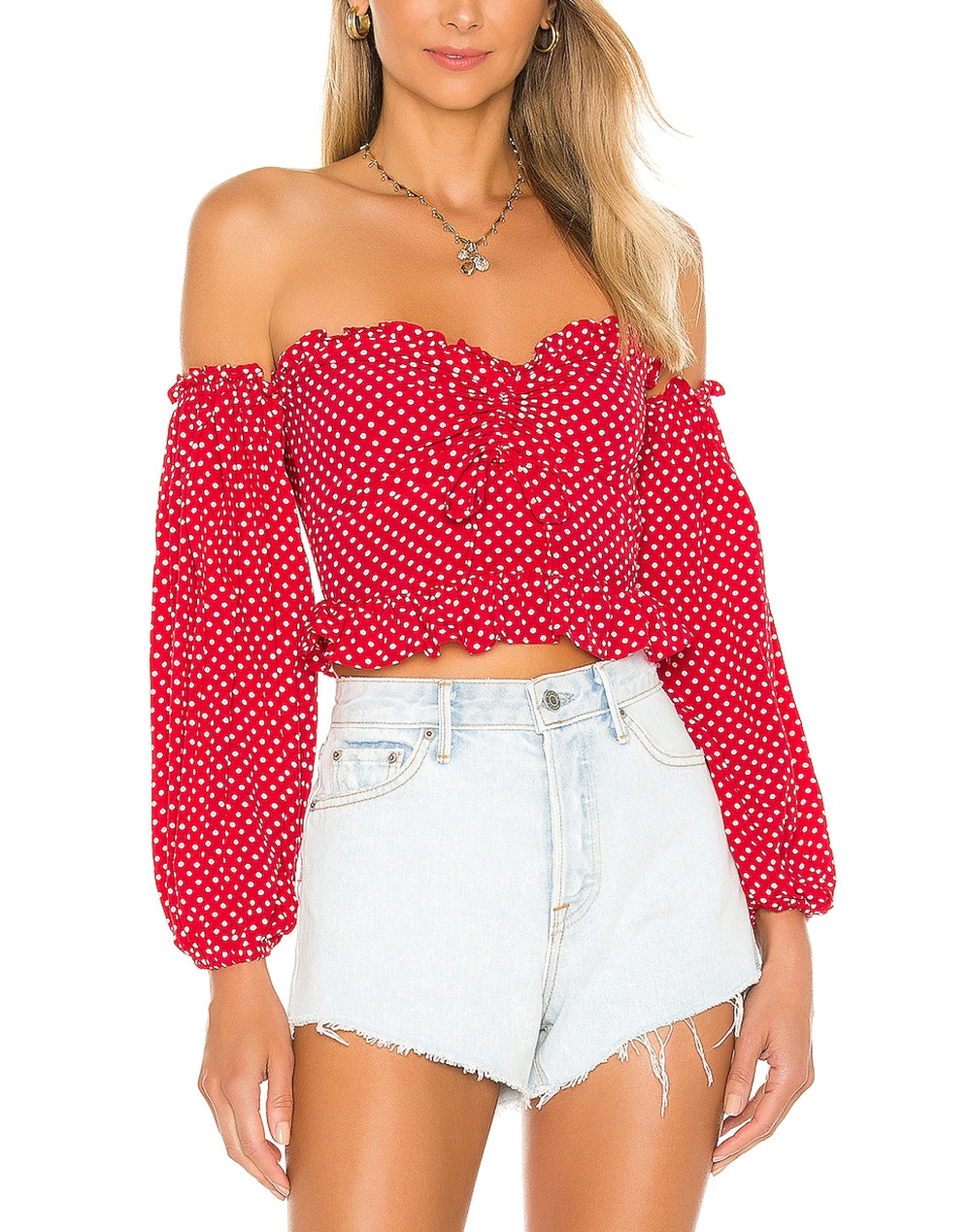 Lovers And Friends Smocked Red White Dot Arianna Blouse Size S NWT